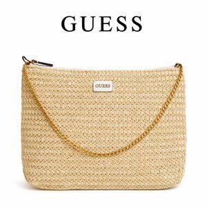 GUESS Woven Straw Shoulder Bag Beige Gold Chain Summer Clutch Resort Style